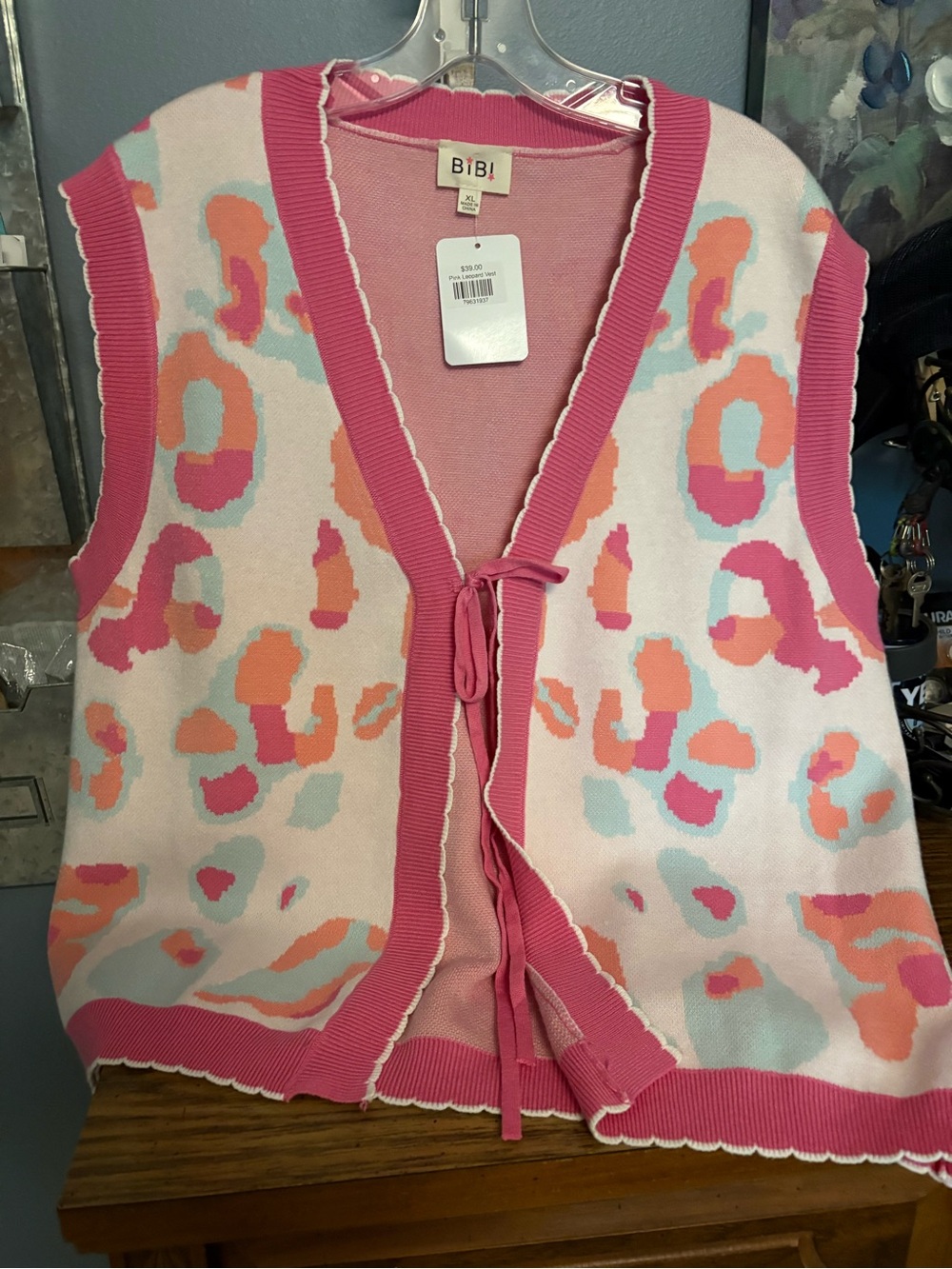 BiBi Pink Leopard Knit Vest with Tie Detail